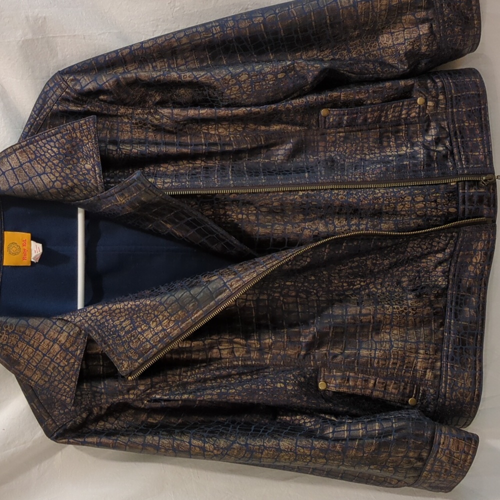 Ruby Rd. | Moto Jacket Brown on Navy Alligator Skin Print Brass Accents | 12